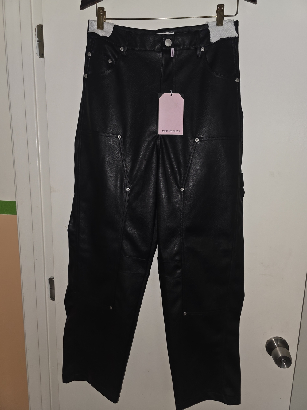 Avec Les Filles Black Faux Leather 'Painter' Pants W/ Metal Design. New W/tags